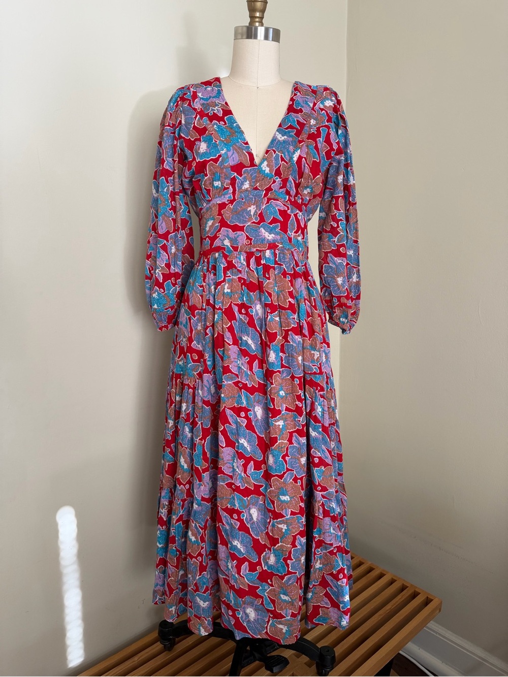 Caroline Constas Red Floral V-Neck Tiered Maxi Dress